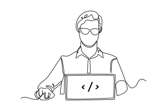 Single one line drawing Programmers or developers make programming language code in front of the laptop. Programming code concept. Continuous line draw design graphic vector illustration.