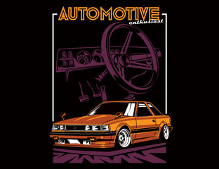 Printed t-shirt design with old car image illustration and cabin vector graphic