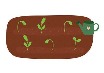 Sprouts growing in the ground clipart in cartoon style. Plants or saplings in soil with a watering can print. Gardening, farm and agriculture vector illustration 