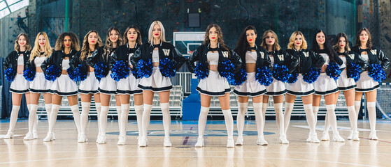 Confident cheerleaders posing in mini-skirts holding pompoms showing team spirit. High-quality photo