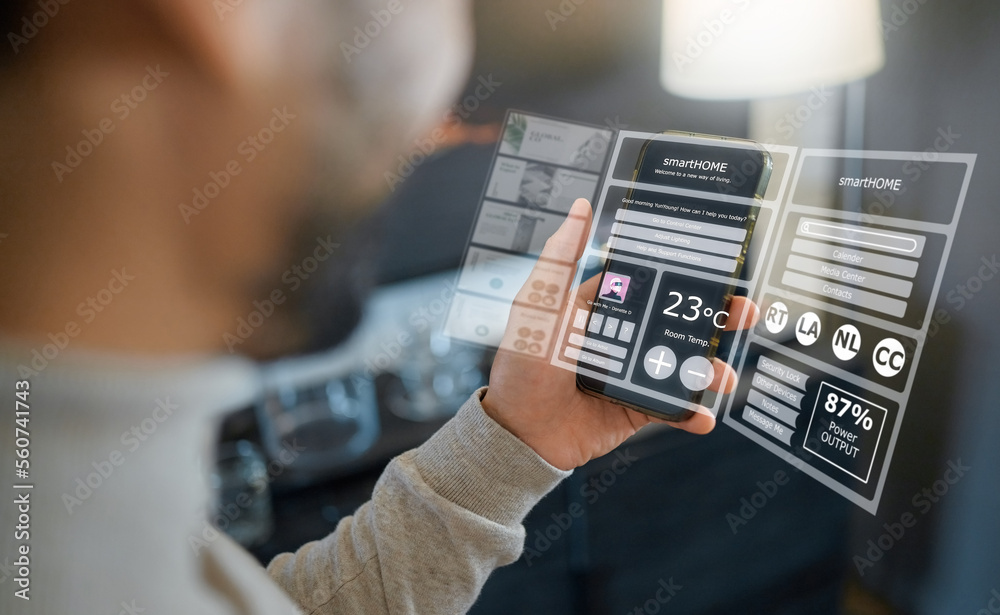 Poster Smart home technology, phone hologram or man programming air conditioning, safety security network or house automation dashboard. Software system hud, virtual ui screen or person with digital IOT app