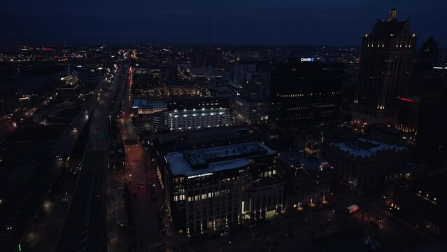 Aerial Shot of Milwaukee Cityscape At Night Time, State Of Wisconsin, USA