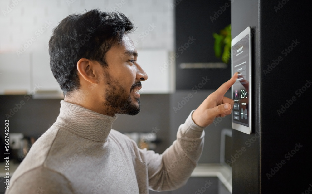 Fototapete smart home technology, wall system and man with digital ui monitor for thermostat heating, safety se