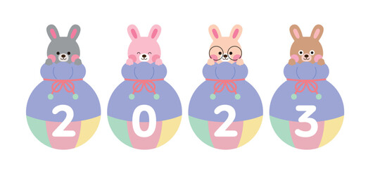 2023 New Year typography design with cute smiling rabbit character concept in black color. The year 2023 is called 'Year of the Rabbit' in Korea. 