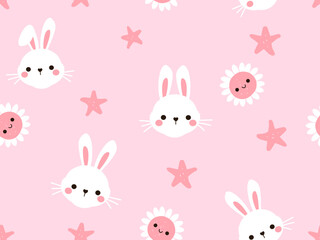 Easter seamless pattern with bunny rabbit cartoons and cute flower on pink background vector illustration. 