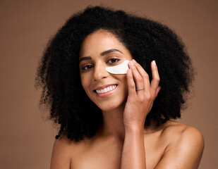 Beauty, skincare and eye mask with face of black woman for facial, product and spa treatment....