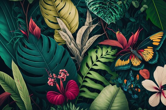 Abstarct Flowers. Tropical leaves. Butterfly. Generative AI © Gasi