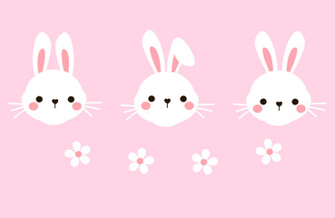 Bunny rabbit cartoons with different ears and cute flower on pink background vector illustration.