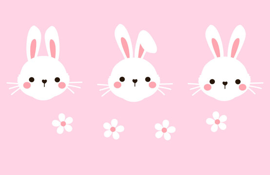 Bunny rabbit cartoons with different ears and cute flower on pink background vector illustration.