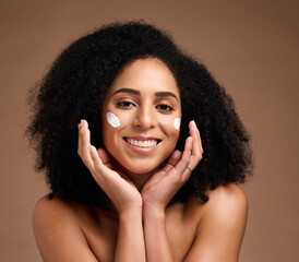 Skincare, sunscreen and black woman in portrait for facial, beauty and cosmetics promotion of...