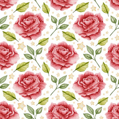 Watercolor seamless pattern of red rose flowers on a white background.