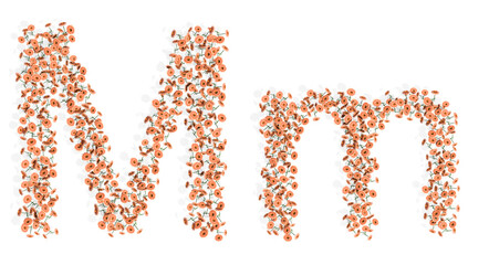 Concept or conceptual set of beautifull blooming gerberas bouquets forming the font M. 3d illustration metaphor for education, design and decoration, romance and love, nature, spring or summer.