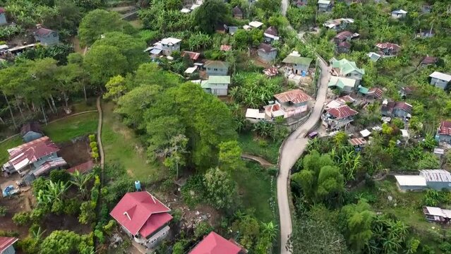 Aerial footage of dirt road in remote village in Tetepan, Sagada, Mountain Province, Philippines using DJI Mini 2. Peaceful and simple rural living in the countryside of the Philippines.