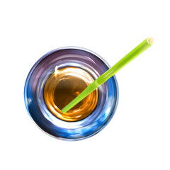 Water or transparent alcohol, glass, top view. Refracted, drinking straw. Object with light effects isolated. png