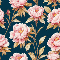 Watercolor seamless pattern with pink peony flowers isolated on dark blue background. Generative AI.