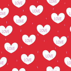 Seamless pattern with hearts on red background. Holiday print. Vector hand drawn illustration.