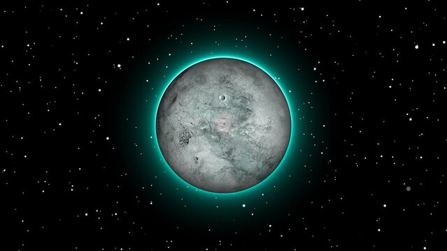 glowing Eris fictional planet rotating on 360 degree with small star and cosmos space background