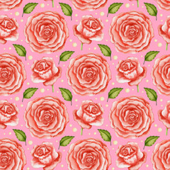 Watercolor seamless pattern of red rose flowers on a pink background.