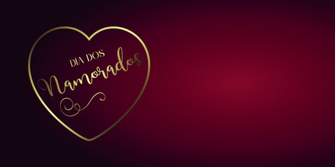 cartão ou banner para desejar um feliz dia dos namorados em ouro em um coração dourado em um fundo gradiente bordô