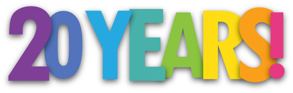 20 YEARS! colorful typography banner on transparent background