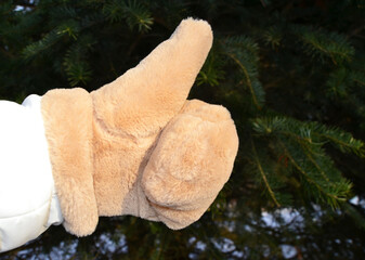 Thumb on the hand is raised up in the mittens