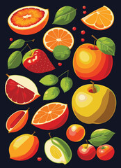 Set of tasty fruits on a solid black background