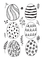Easter eggs with botanical elements set doodle style. Happy easter hand drawn isolated on white background. Spring holiday. Happy Easter. Vector Illustration.