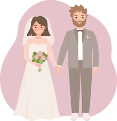 Bride and groom holding hands. Just married. Wedding day. Happy loving couple. Vector illistration.