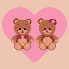 Two teddy bears sit in the background of a big pink heart. The concept of Valentine Day. Flat vector illustration isolated on a red background