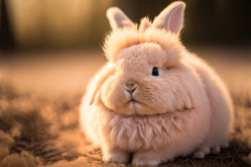Big, pink, fluffy Bunny Rabbit with a natural, blurry background at Golden hour. Generative AI.