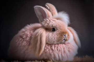 Big, pink, fluffy Bunny Rabbit on a dark background. Generative AI.