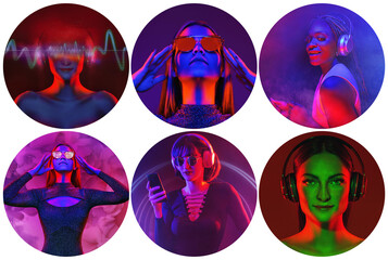 Collection of Portrait of fashion young girl in sunglasses in red and blue neon light in the studio