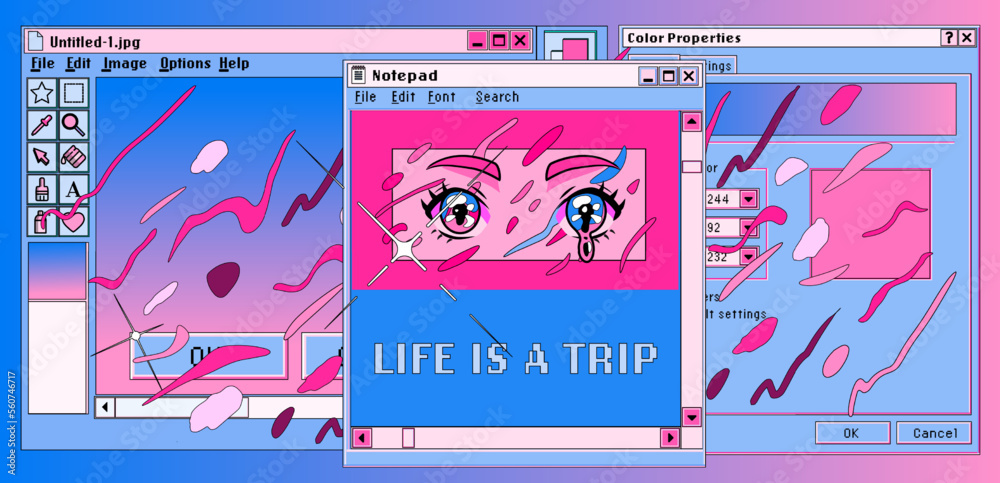 Aufkleber screenshot concept with open tabs and a video player that shows anime. vector illustration in collag
