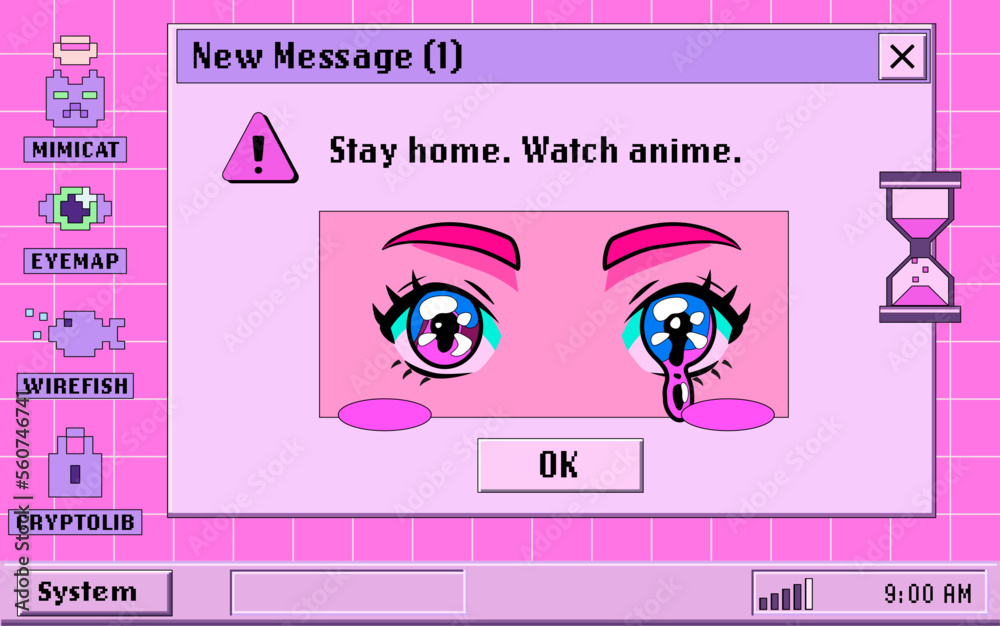 Poster Screenshot concept with open tabs and a video player that shows anime. Vector illustration in collage vaporwave style.