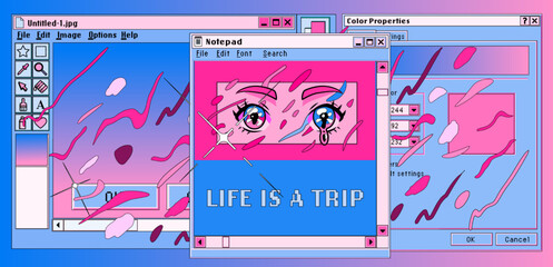 Screenshot concept with open tabs and a video player that shows anime. Vector illustration in collage vaporwave style. - obrazy, fototapety, plakaty