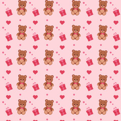 Obraz na płótnie Canvas Cute little teddy bear toy, with a heart and a gift box, a seamless pattern. Vector illustration