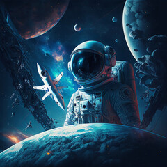 Obraz na płótnie Canvas Astronaut with planets in the background, Generative AI