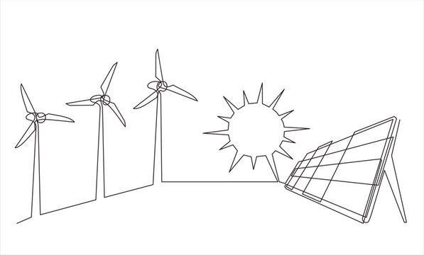 One continuous line drawing of Wind turbines and Solar Panels . Alternative energy sources (wind, sun), hand drawn sketch.