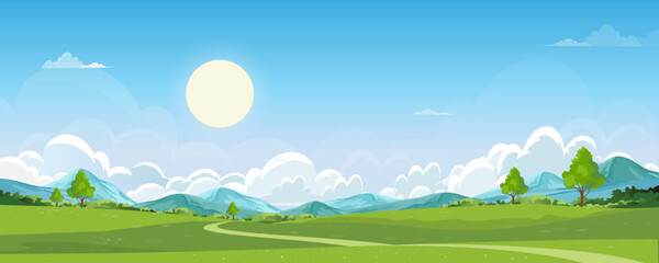 Obraz na płótnie Canvas Nature Spring Rural landscape,Green Field with Cloud and Blue Sky,Vector horizon panoramic Natural Countryside with forest tree and Mountains in Sunny day,Cartoon Vector for Spring, Summer banner
