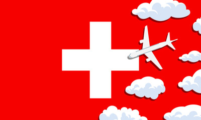 Switzerland travel concept. Airplane with clouds on the background of the flag of Switzerland. Vector illustration