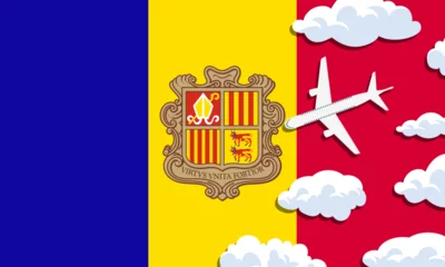 Fototapeten Andorra travel concept. Airplane with clouds on the background of the flag of Andorra. Vector illustration © Narek