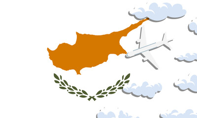 Cyprus travel concept. Airplane with clouds on the background of the flag of Cyprus. Vector illustration
