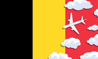 Belgium travel concept. Airplane with clouds on the background of the flag of Belgium. Vector illustration