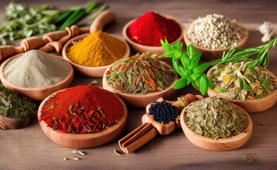 Various fragrant spices and herbs. On a wooden background.