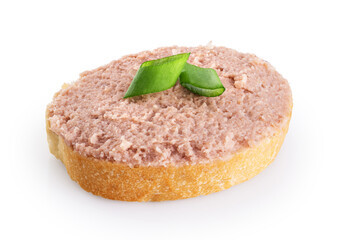Toast with meat pate and onions isolated on white background. With clipping path.