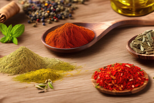 Various fragrant spices and herbs. On a wooden background.