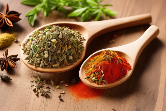 Various fragrant spices and herbs. On a wooden background.