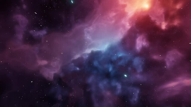 Cinematic CGI Space Travel Animation Through Purple and Orange Nebula Clouds and Star Systems.