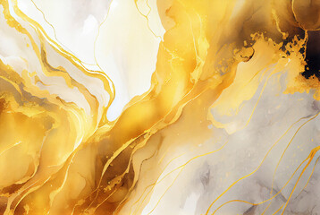Abstract wet watercolor texture of marbling with yellow gold and grey paint flow generative AI art