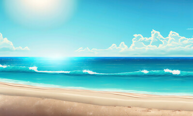 Fototapeta na wymiar A summer vacation, holiday background of a tropical beach and blue sea and white clouds with sun flare. Cartoon generative ai illustration.